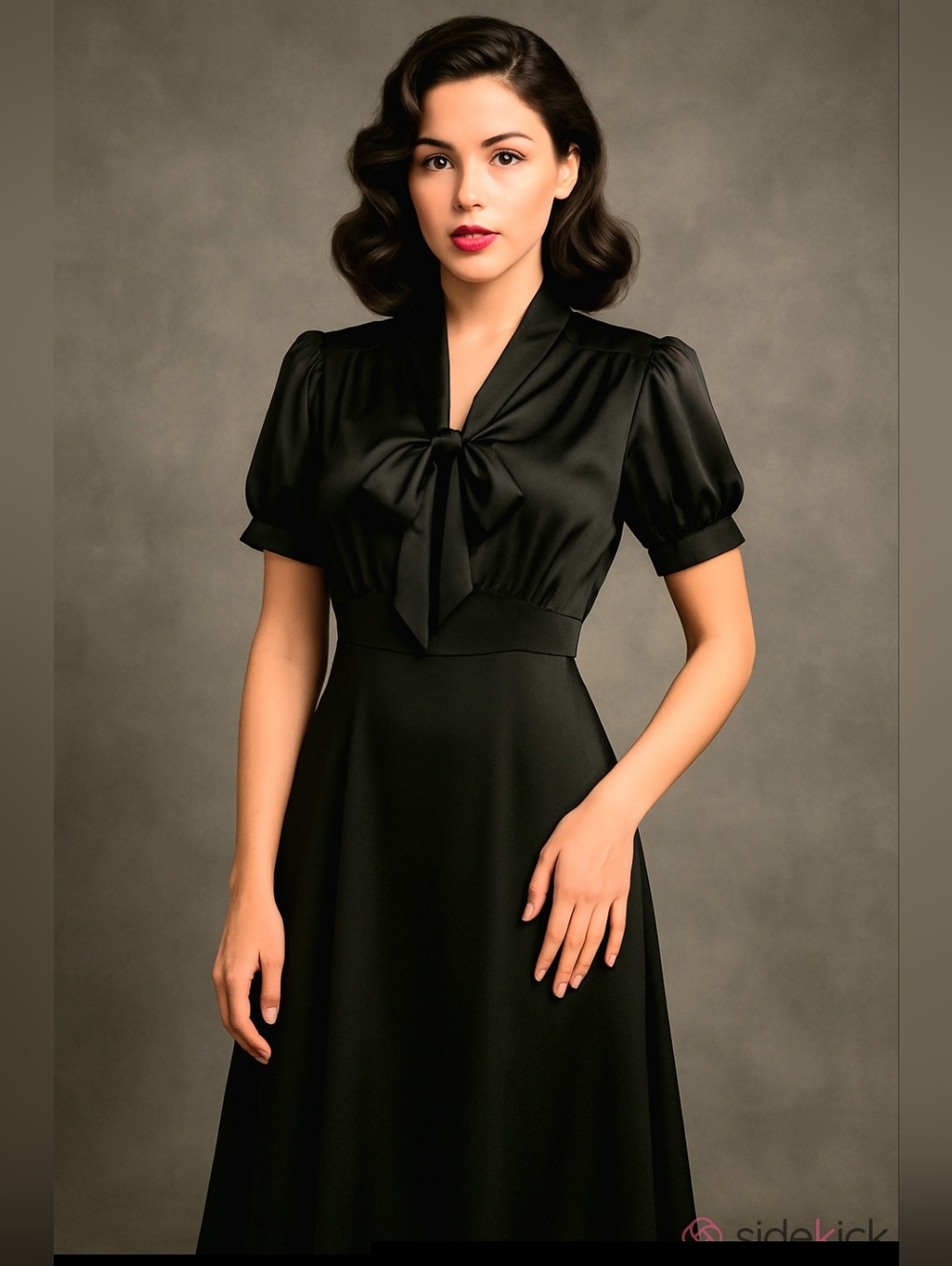 Black Satin Tie-Neck A-line Maxi Dress 40s Vintage Inspired Retro Dark Academia